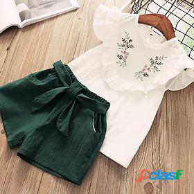 Kids Girls Clothing Set Short Sleeve Green Pink Print Floral