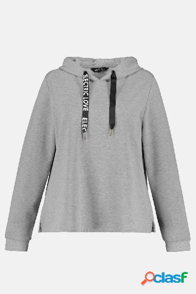 Maglia con cappuccio, laccetti con scritte, maniche lunghe,