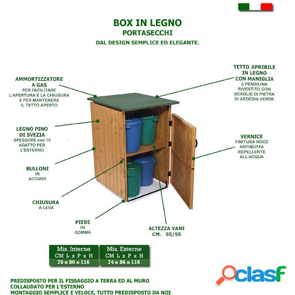 Porta secchi BOX in legno 70x80xh116 cm con tetto verde