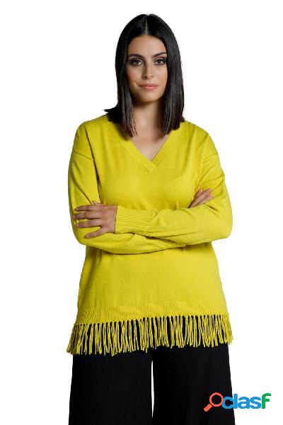 Pullover di maglia fine con orli con frange, scollo a V e