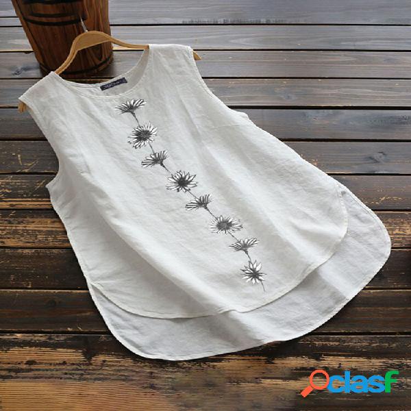Rotonda Collo Camicetta senza maniche Plant Loose Fit orlo
