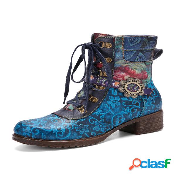 Socofy Retro Floral Print Vera Pelle Stivaletti con tacco