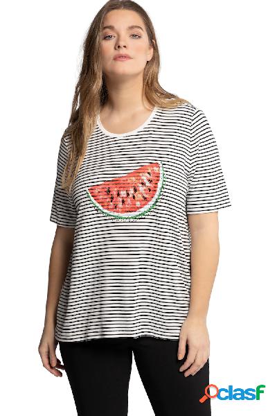 T-shirt a righe con disegno di cocomero, scollo a girocollo