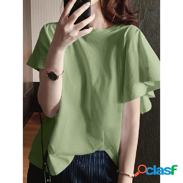 T-shirt con volant a manica corta e scollo a tinta unita