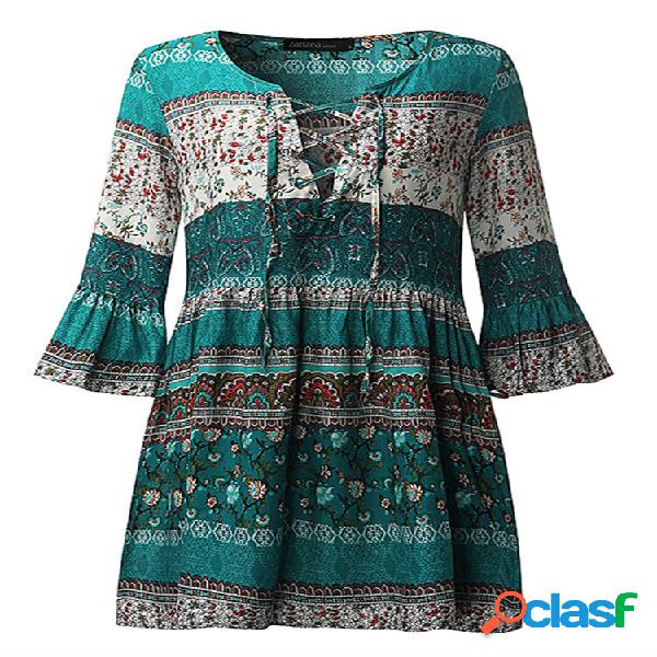 Vestito Boemo Colletto ad V Stampa Floreale Maniche a Forma