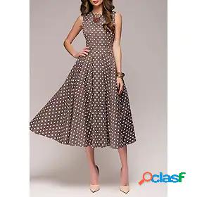 Womens A Line Dress Midi Dress Red Brown Sleeveless Polka