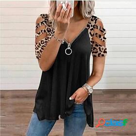 Womens Blouse Eyelet top Shirt Leopard V Neck Cut Out Zipper