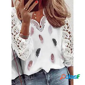 Womens Blouse Shirt Feather V Neck Lace Print Casual
