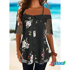 Womens Blouse Shirt Floral Theme Floral Off Shoulder Button