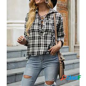 Womens Blouse Shirt Plaid Color Block Shirt Collar Lace up