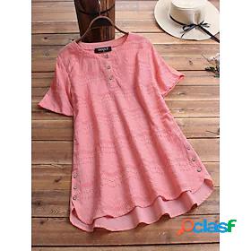 Womens Blouse Shirt Plain Round Neck Button Casual