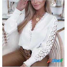 Womens Blouse Shirt Plain V Neck Cut Out Lace Casual Tops