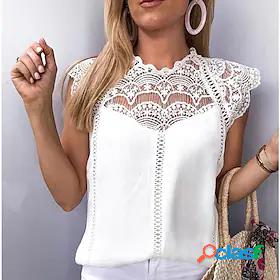 Womens Blouse Shirt Solid Colored Lace Round Neck Tops White