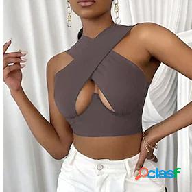 Womens Crop Top Tank Top Vest Plain Halter Neck Criss Cross