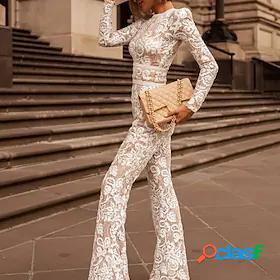 Womens Jumpsuit Solid Color Feather Elegant Crew Neck Wide