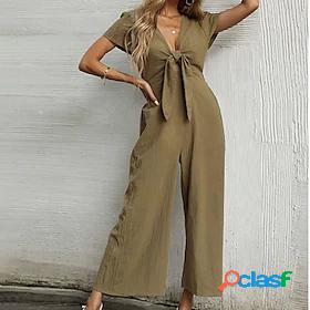 Womens Jumpsuit Solid Color High Waist Cut Out Casual V Neck
