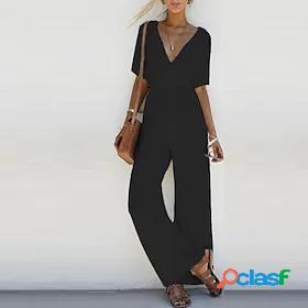 Womens Jumpsuit Solid Color Lace up Casual V Neck Wide Leg