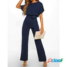 Womens Jumpsuit Solid Color Wide Leg Belted Casual Round