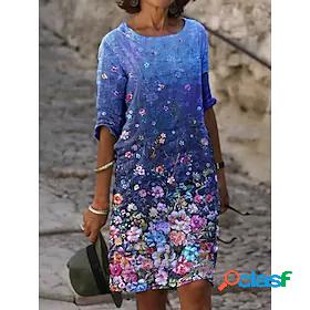 Womens Knee Length Dress A Line Dress Blue Half Sleeve Print