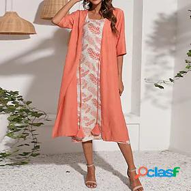 Womens Knee Length Dress Two Piece Dress Orange Half Sleeve