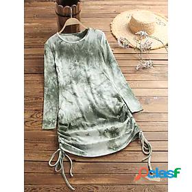 Womens Long Sleeve Tie Dye Round Neck Drawstring Basic Tops