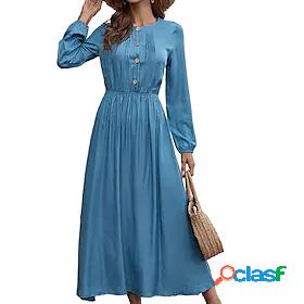 Womens Maxi long Dress A Line Dress Blue Long Sleeve Ruched