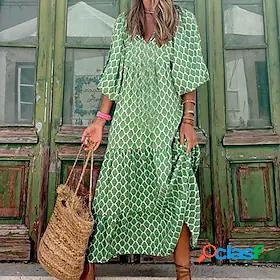 Womens Maxi long Dress A Line Dress Green 3/4 Length Sleeve