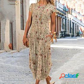 Womens Maxi long Dress A Line Dress Khaki Short Sleeve Print