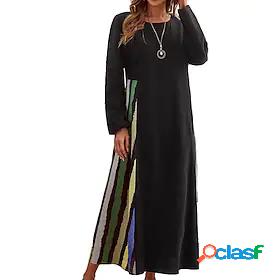 Womens Maxi long Dress Shift Dress Black Long Sleeve Print