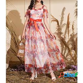 Womens Maxi long Dress Swing Dress Red Short Sleeve Pleated