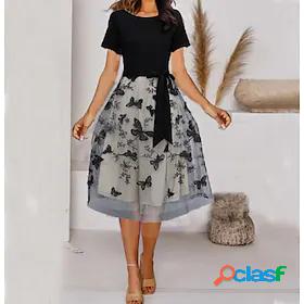 Womens Midi Dress A Line Dress Black Short Sleeve Layered