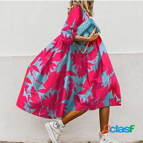 Womens Midi Dress Swing Dress Fuchsia Long Sleeve Plus High