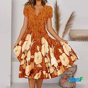 Womens Midi Dress Swing Dress Pink Orange Short Sleeve Print