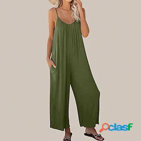 Womens Overall Solid Color Basic Round Neck Daily Sleeveless