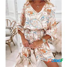 Womens Short Mini Dress A Line Dress White Long Sleeve Print