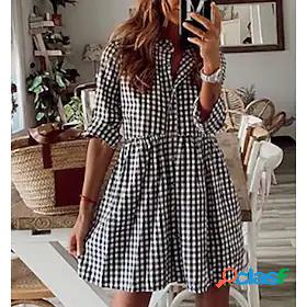 Womens Short Mini Dress Shirt Dress Black 3/4 Length Sleeve