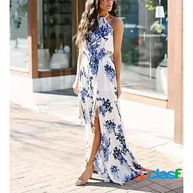 Women's Swing Dress Maxi long Dress White flower Blue flower