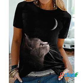Womens T shirt 3D Cat Galaxy Cat Graphic Round Neck Print