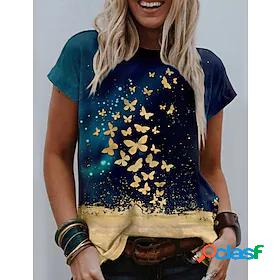 Womens T shirt Butterfly Butterfly Color Block Round Neck