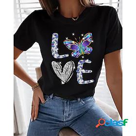 Womens T shirt Butterfly Painting Butterfly Heart Text Round