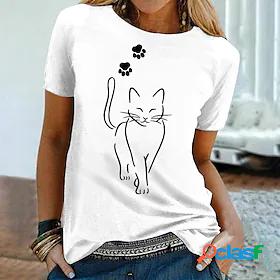 Womens T shirt Cat Painting Cat Round Neck Print Basic Tops