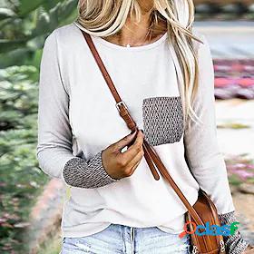 Womens T shirt Color Block Round Neck Pocket Print Basic