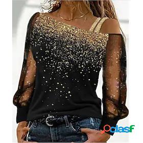 Womens T shirt Color Gradient Diagonal Neck Basic Tops Blue