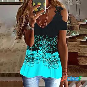 Womens T shirt Floral Theme Graphic Flower V Neck Lace