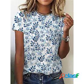 Womens T shirt Floral Theme Leaf Round Neck Basic Tops Blue