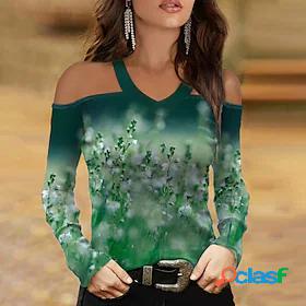 Womens T shirt Floral Theme Painting Floral V Neck Cut Out