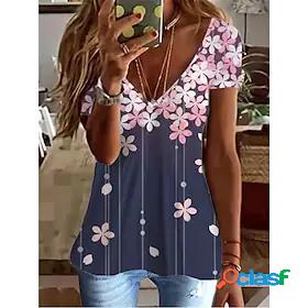 Womens T shirt Graphic Flower V Neck Patchwork Print Basic