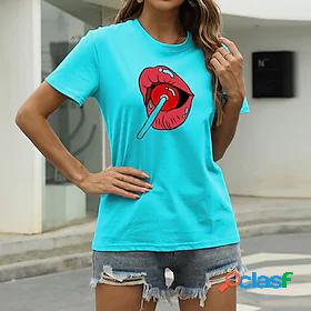 Womens T shirt Graphic Lip Mouth Round Neck Print Basic Tops