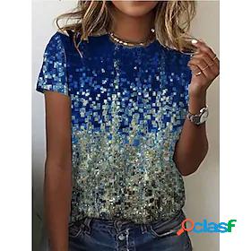 Womens T shirt Graphic Round Neck Print Basic Tops Blue / 3D