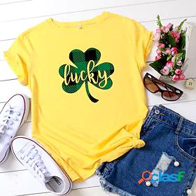 Womens T shirt Lucky Plaid Graphic Color Block Round Neck